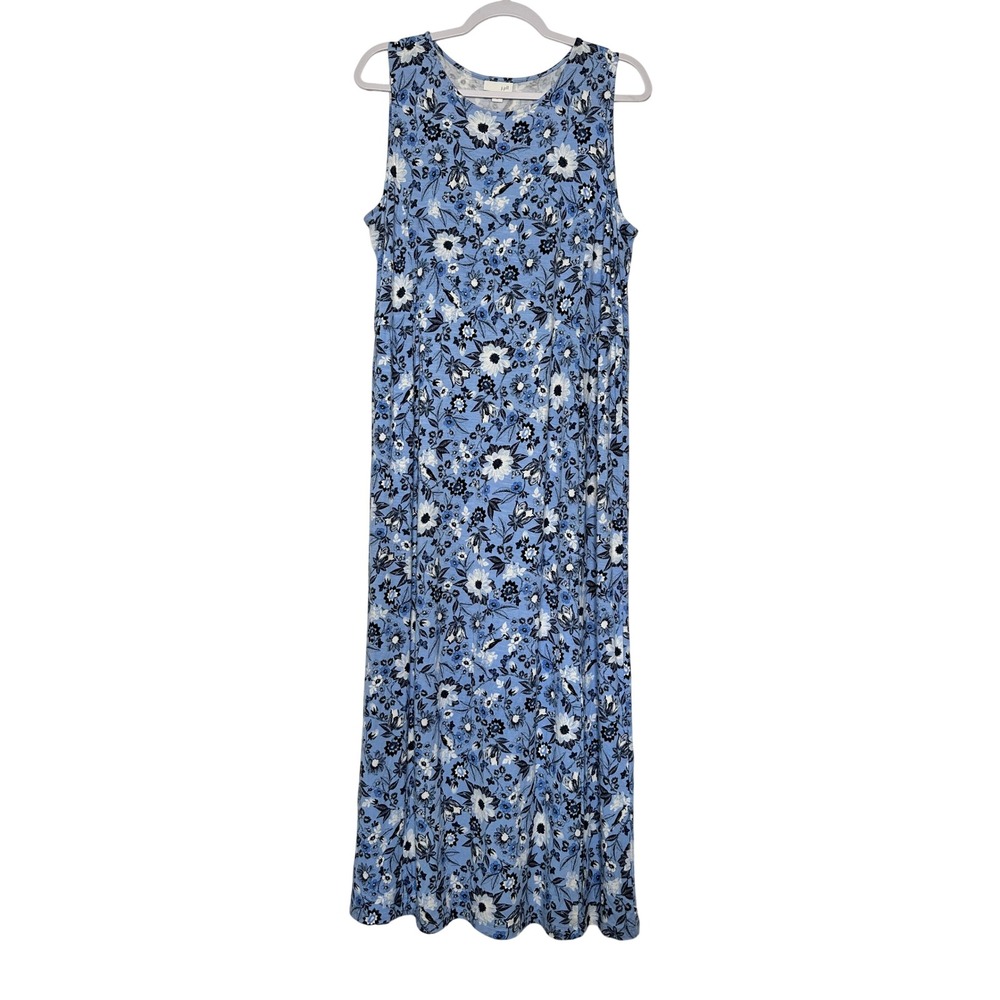 J Jill Floral Bird Print Sleeveless Maxi Dress Size M Blue Boho Resort Beach